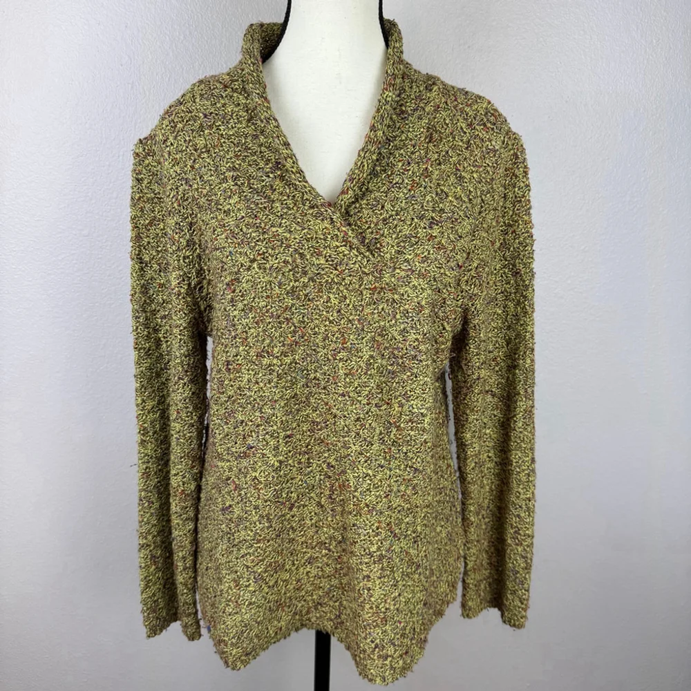 Coldwater Creek Sweater Womens M Green Speckles V-Neck Knit Winter Pullover